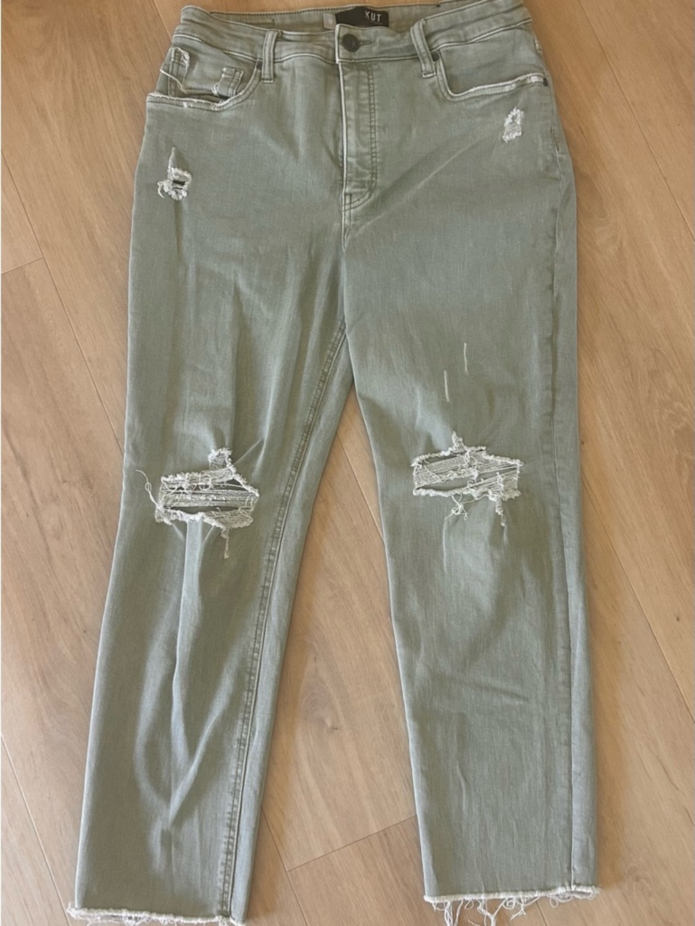 KUT  Distressed Olive Green Straight Jeans size 12
